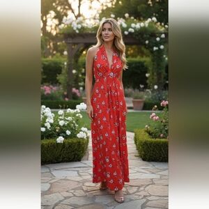 XS ?? Vintage 70's halter Red polyester Sleeveless Dress UNION MADE in USA